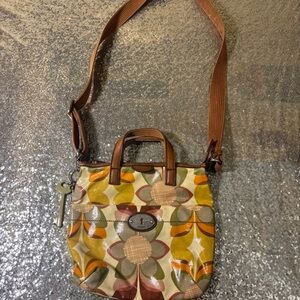 Fossil Multi Floral Print Crossbody Bag with Brown Trim